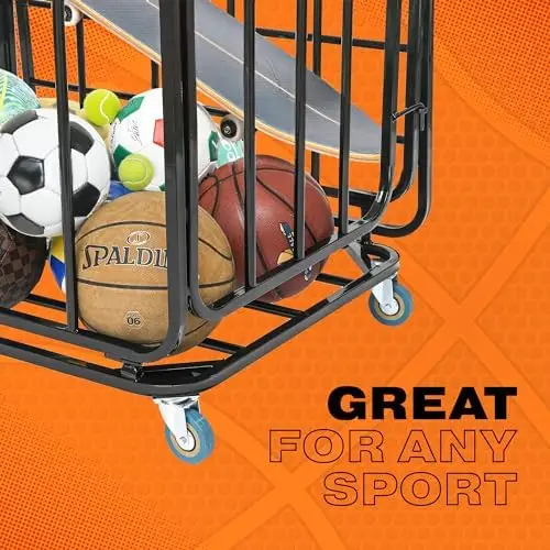 Gaiola organizadora de metal para esportes e entretenimento com rodas, compartimento de armazenamento de basquete eficaz e suporte para carrinho de bola