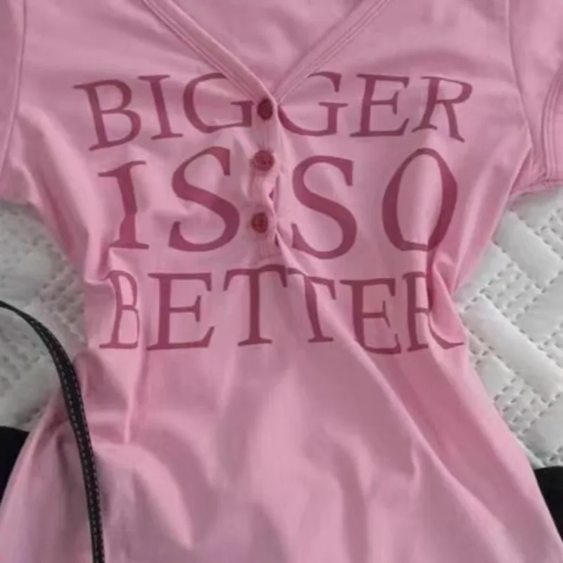 Amerikaanse Vintage Brief Gedrukt Roze V-hals T-shirts Meisje Punk Retro Y2k Esthetische Stijl Korte Slanke Tees Straat Zoete Hottie Top