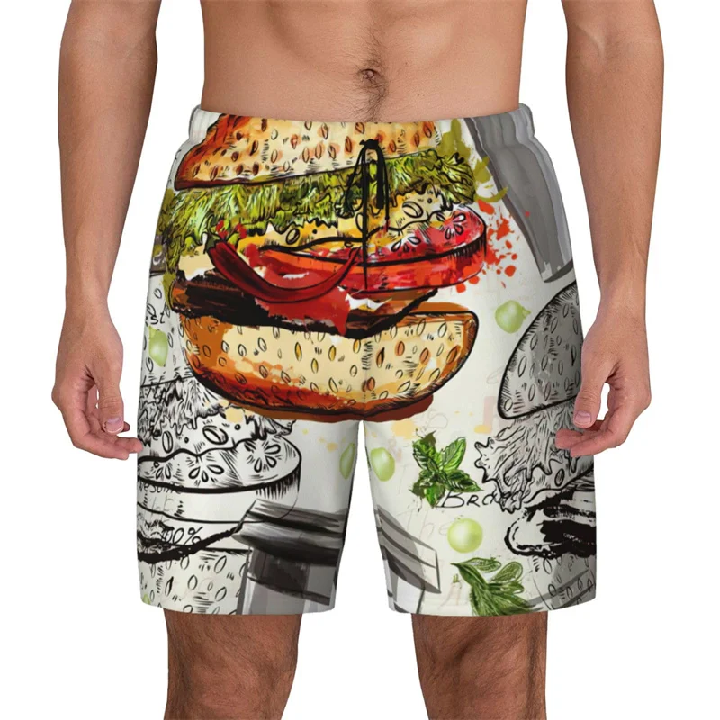

Hamburger Pattern Beach Shorts For Men Kids Cartoon Running Shorts 3d Printed Fast Food Surfing Board Sports Swimming Shorts