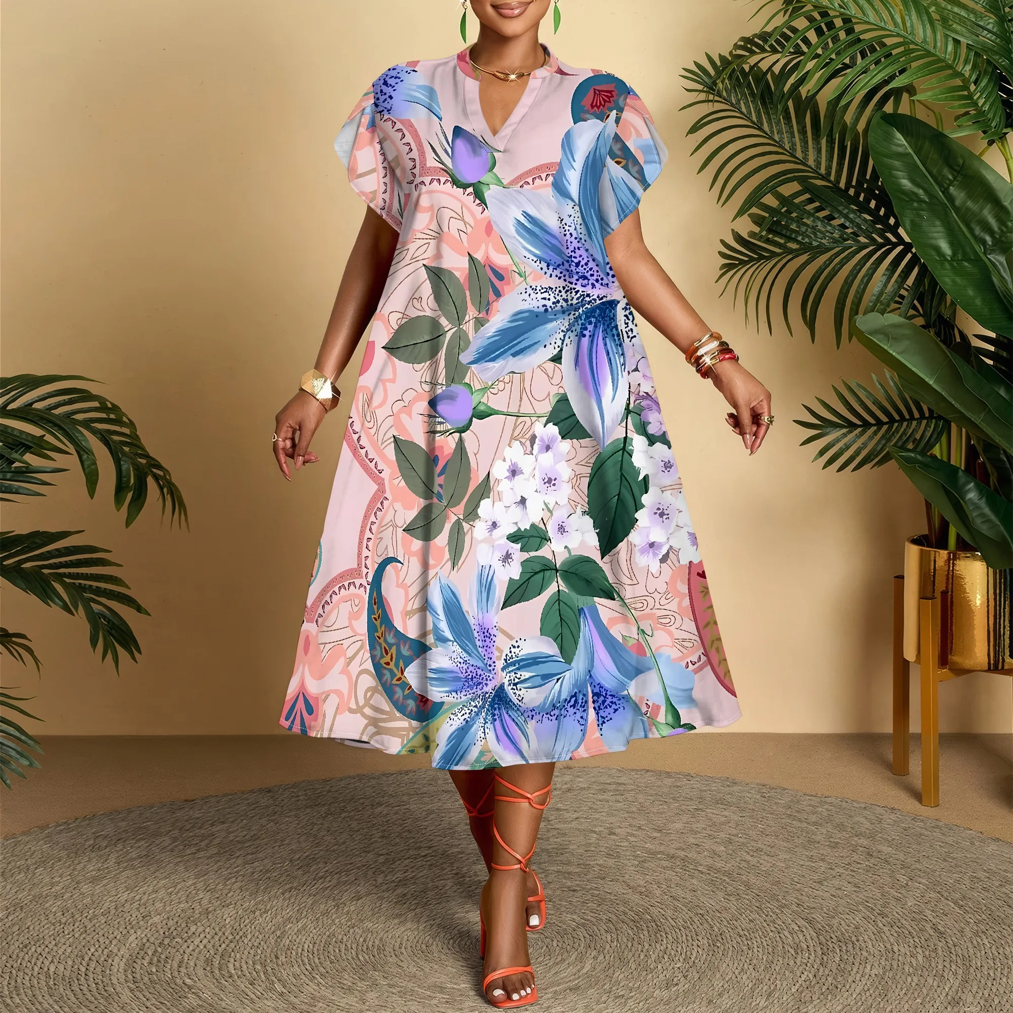 

Nupusa Floral Paisley Print Dress for Women Regular Size Summer Casual V Neck Short Sleeve Midi Dress