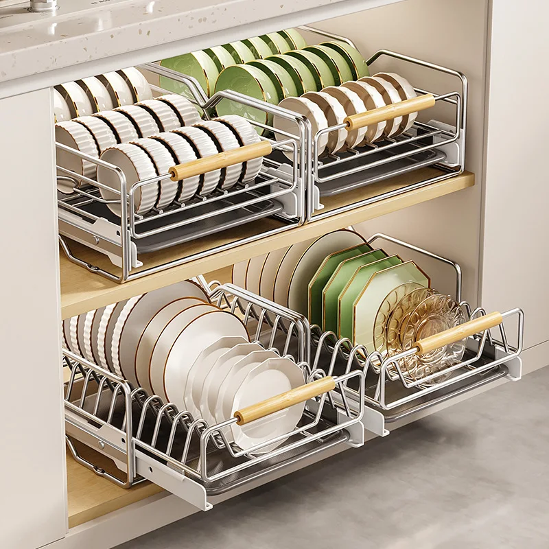 Kitchen Pull-out Dish Rack Stainless Steel Drawer Drying Rack Sliding Bowls Dishes Drainer Storage Rack Sink Cabinet Organizer