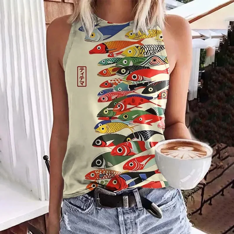 Camiseta sin mangas con cuello redondo y estampado de peces coloridos de estilo japonés vintage, chaleco informal de verano para mujer