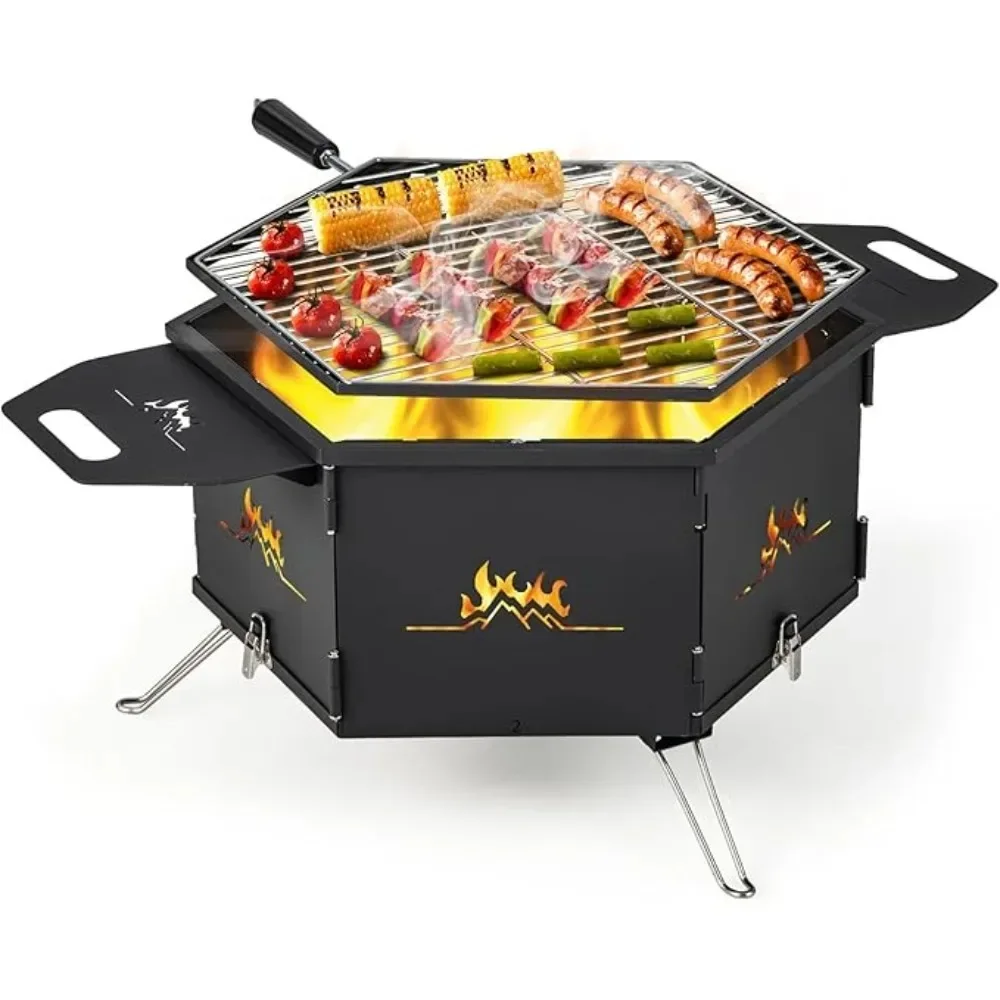 شواية حفرة النار، حفرة نار خارجية قابلة للإزالة 360 درجة °   شبكة طهي دوارة، وعاء ناري قابل للطي، أرجل قابلة للطي، حرق الخشب