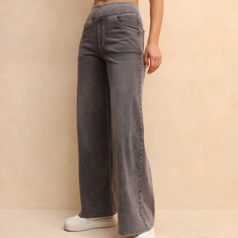 Shascullfites High Waist Light Gray Women's Summer Jeans Thin Wide Leg Trousers with Pockets Elastic Waist Casual Jeans