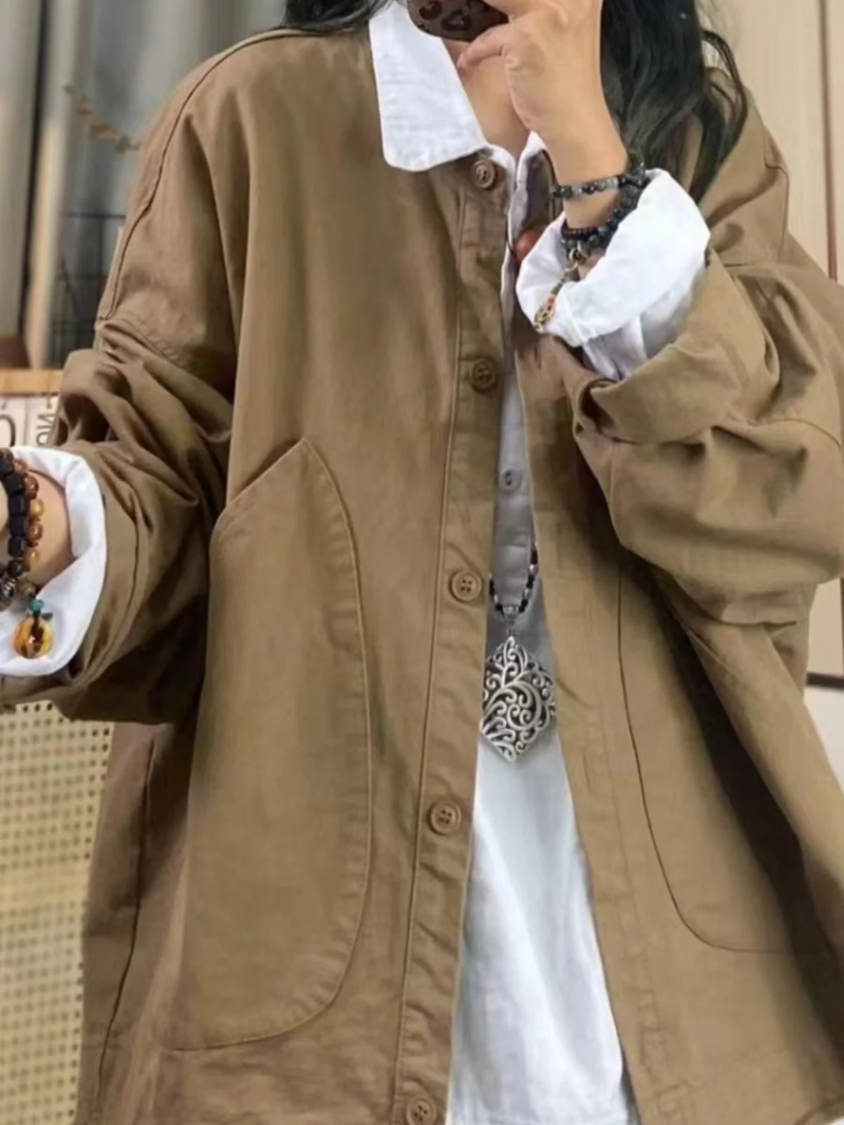 

Весенне-осенняя хлопковая рабочая одежда Jaet, женская свободная длинная ветровка в стиле ретро, Гонконгская ветровка, верхняя одежда