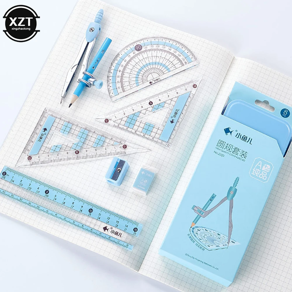 8Pcs/Set Kawaii Ruler Compass Pencil Set Geometry Maths Student Drawing Stationery Mathematical for Boy Girl Gift School Supply