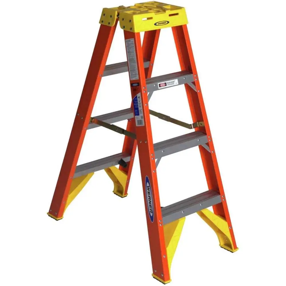 Heavy Duty Fiberglass Step Ladder 4FT Twin Step Traction-Tred Anti-Slip HolsterTop Tool Holder Design