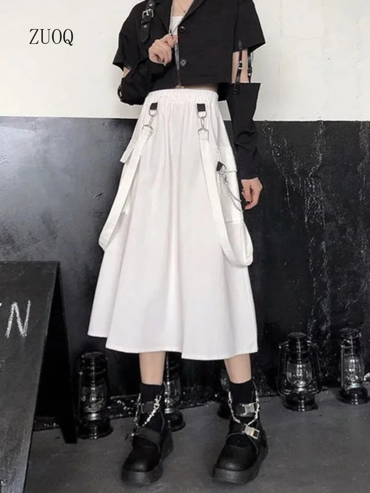 2025 solide Gothic Langen Rock Frauen Punk Hohe Taille Kette Tasche Strap Schwarz Fracht Röcke Mädchen Goth Harajuku Streetwear
