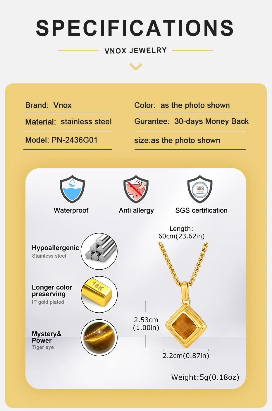 Vnox Rhombus-Anhänger-Halskette für Herren, Edelstahl, 60 cm, Kastenkette, natürlicher Tigerauge-Türkis-Stein, täglicher Punk-Schmuck, Geschenk – Detail 6