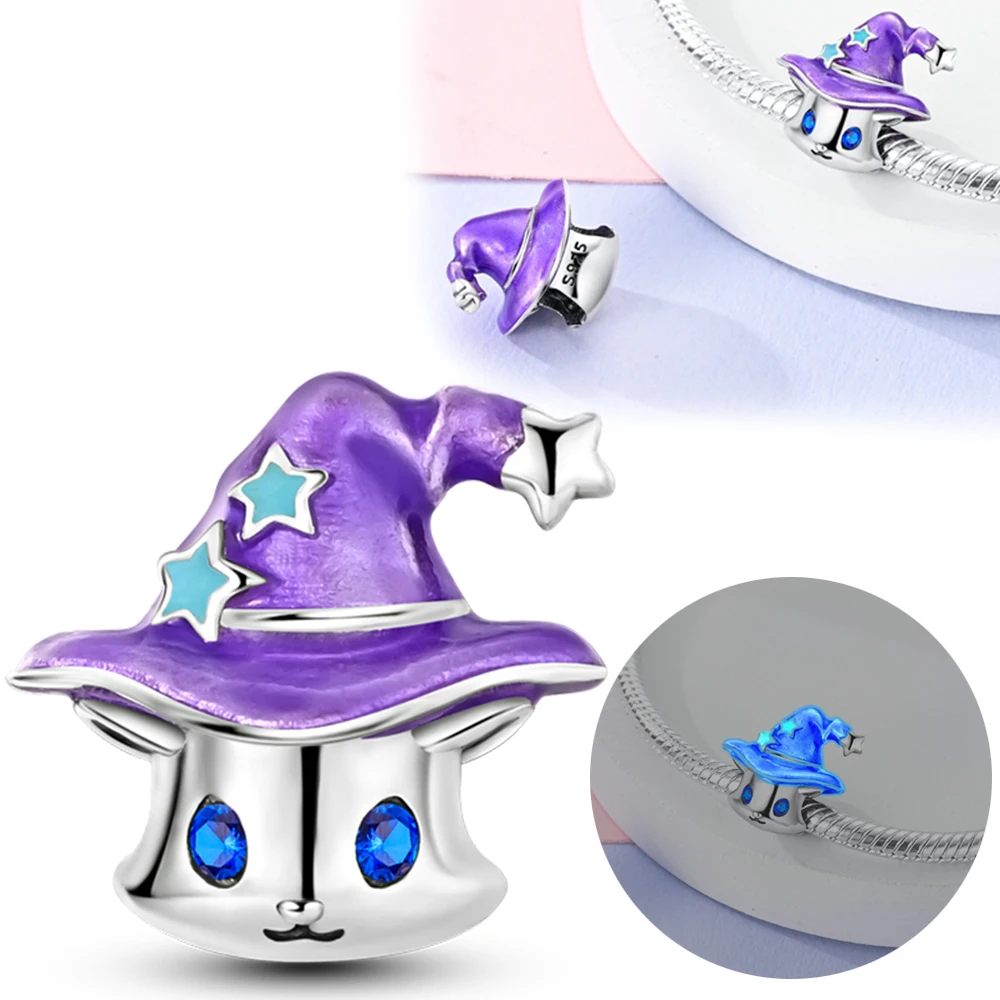 Breloques originales en argent 925, chapeau magique violet, pendentif chat, breloques en argent 925, Bracelets pour femme, fabrication de bijoux, bricolage