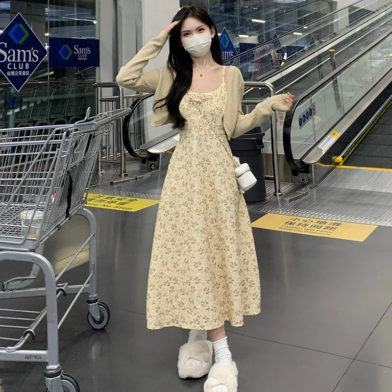 Women Dress Sets Korean Autumn Floral High Waist A-line Halter Dress + Solid Color Basics Daily Cardigan Two-piece Set Female