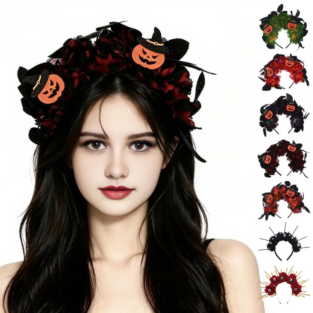 Halloween Floral Headband Handmade 3D Floral Shape Widened Fit Hair Hoop Non-Slip Headband with Pumpkin Witch Decoration