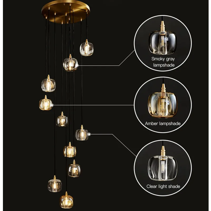 

Full copper rotating staircase long pendant lamp double hollow jump second floor modern light luxury crystal lamp villa lamps