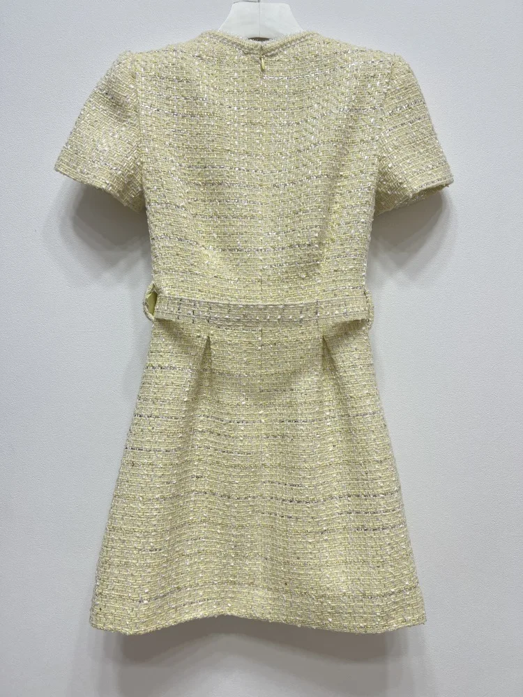 JHJN French Style Retro Tweed Elegant A Celebrity T-shirt Square Collar Dress For Women High Waist Thin Delivery Belt