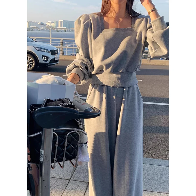 Chic Simple Spring Square Collar Loose Long Sve Sweatirt Elastic Waist Wide Leg Pants Set Faionable Ensemble