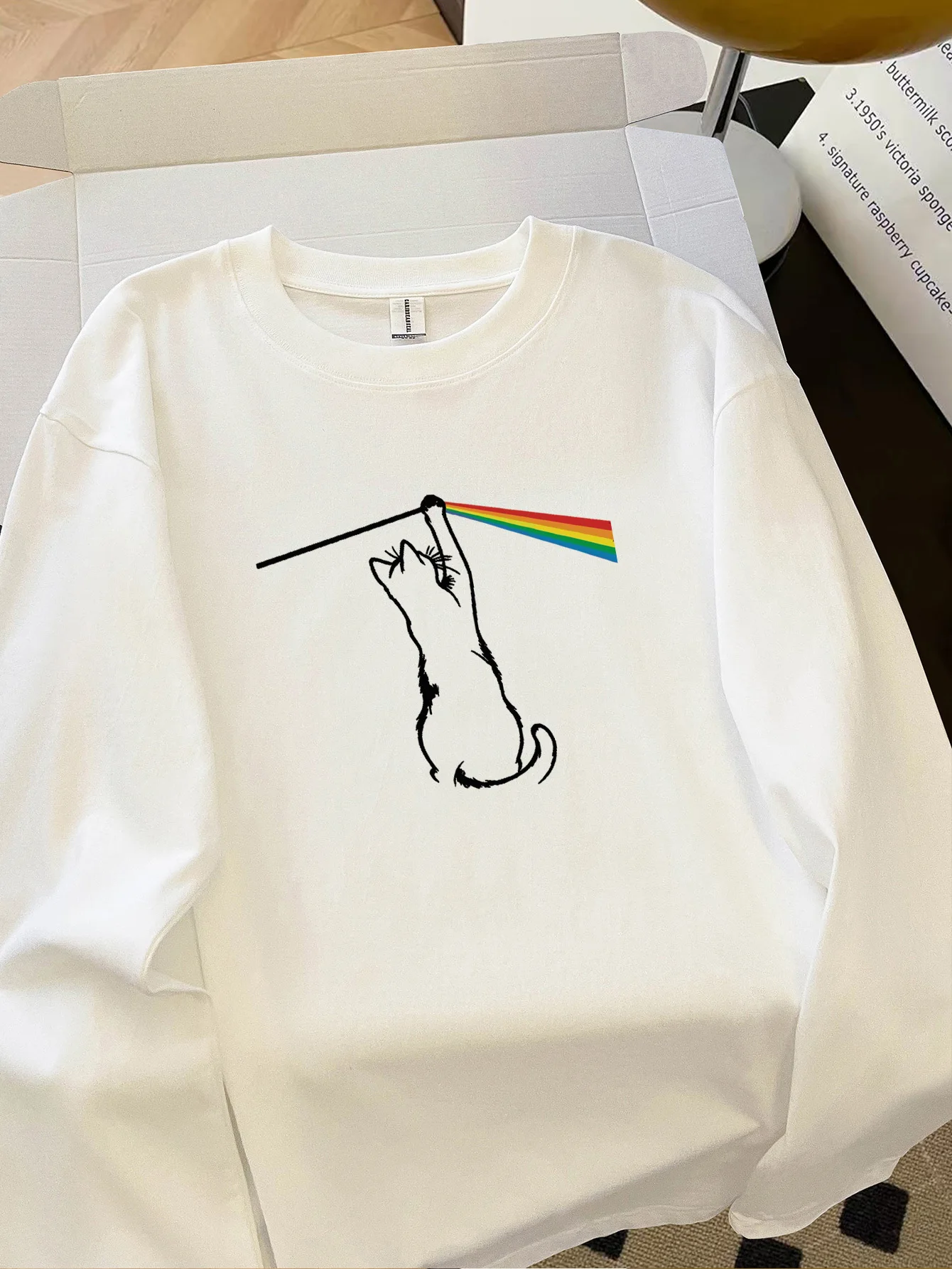Long Sleeve T-Shirt with Cat & Rainbow Graphic Print - Casual Round Neck Unisex Top for Home, Layering, Casual Attire