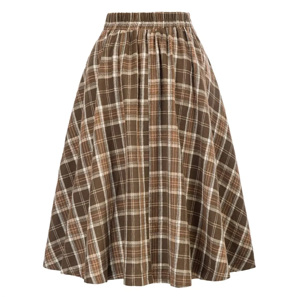Women Vintage Pleated Plaid Skirt Autumn Winter High Waist Korean Style Preppy Midi Skirts Button Decoration Plus Size Skirt