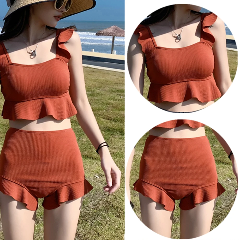 Traje de baño para mujer, Bikini Monokini, conjunto de dos piezas, vestido Kawaii de estilo coreano, falda de baño con realce, traje de baño sólido, ropa de playa 2023