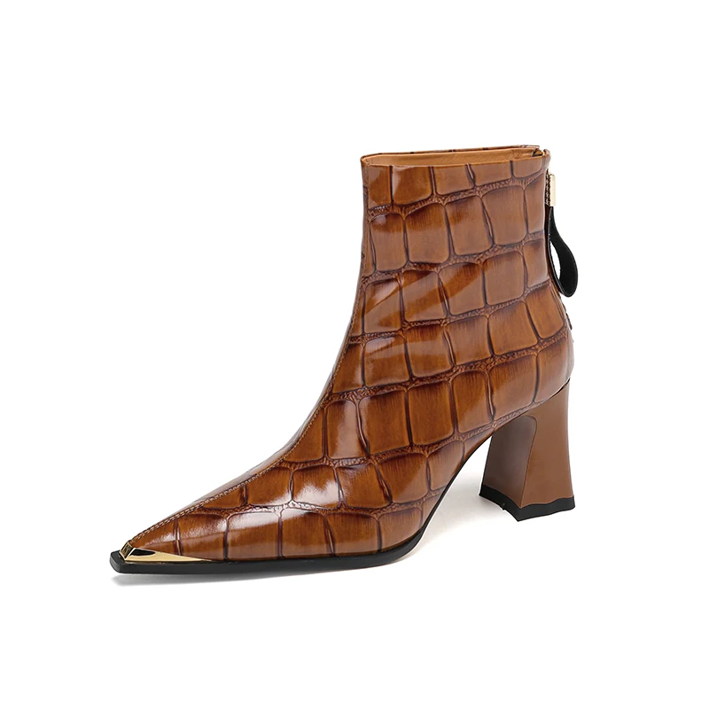 Elegant Retro Genuine Leather Ankle Boots for Women Thick High Heels Square Toe Zip Short Autumn Winter Shoes Woman Boots
