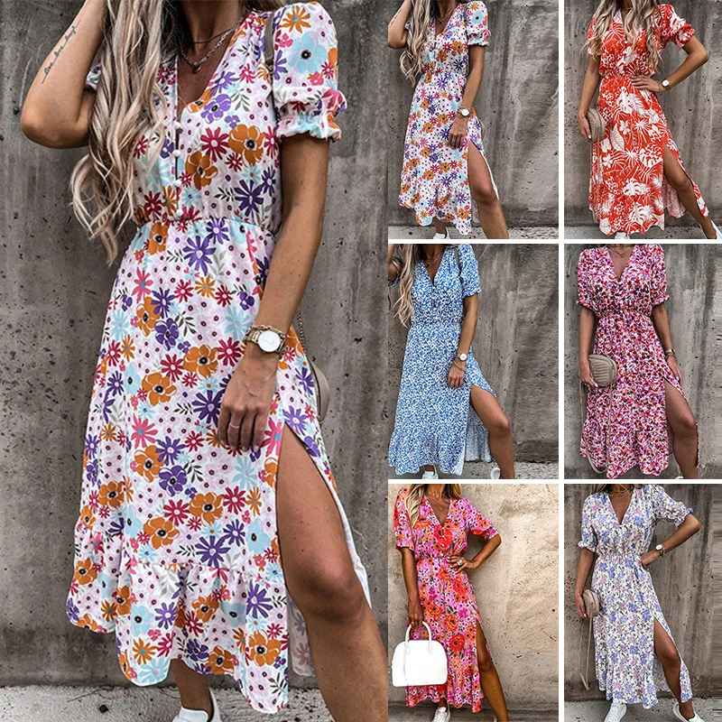 

Women’s New Summer Boho V-Neck Floral Romantic Print Long Dress Holiday Midi Short Sleeve Beach Party Sundress Vacation Dress