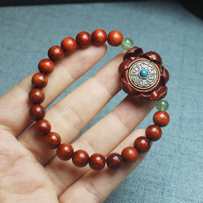 

Буддийские четки-браслет из замбийского палисандра с шестисложной мантрой и вращающимся лотосом, 8 мм, унисекс