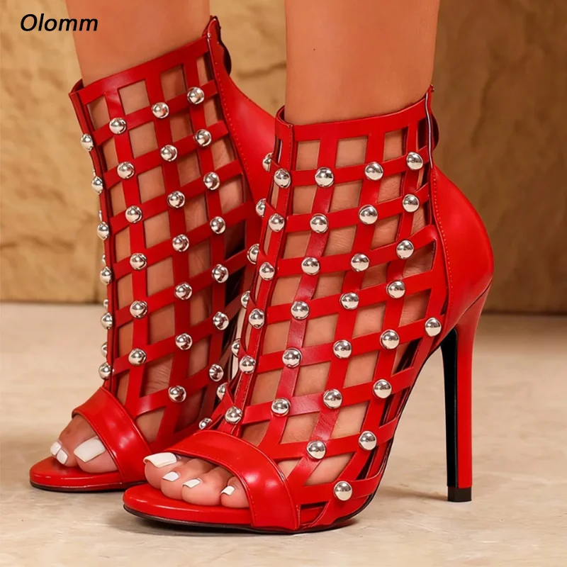 

Olomm Artisan Crafted Red Gladiator Sandals - Cage Style Stiletto Heels with Silver Studs Size 5-20