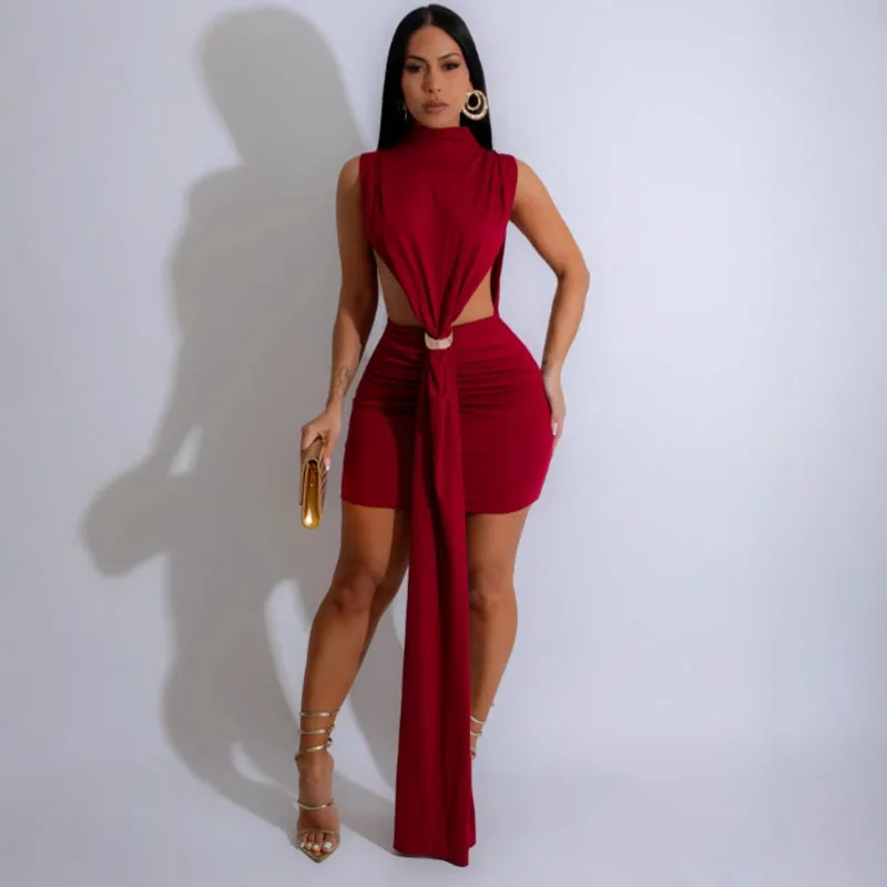 

Sexy Hollow Out Splitl Bodycon Mini Dress Women Haslf Hihg Collar Sleeveless Stretch Slim Sheath Party Club Birthday Dress Gown