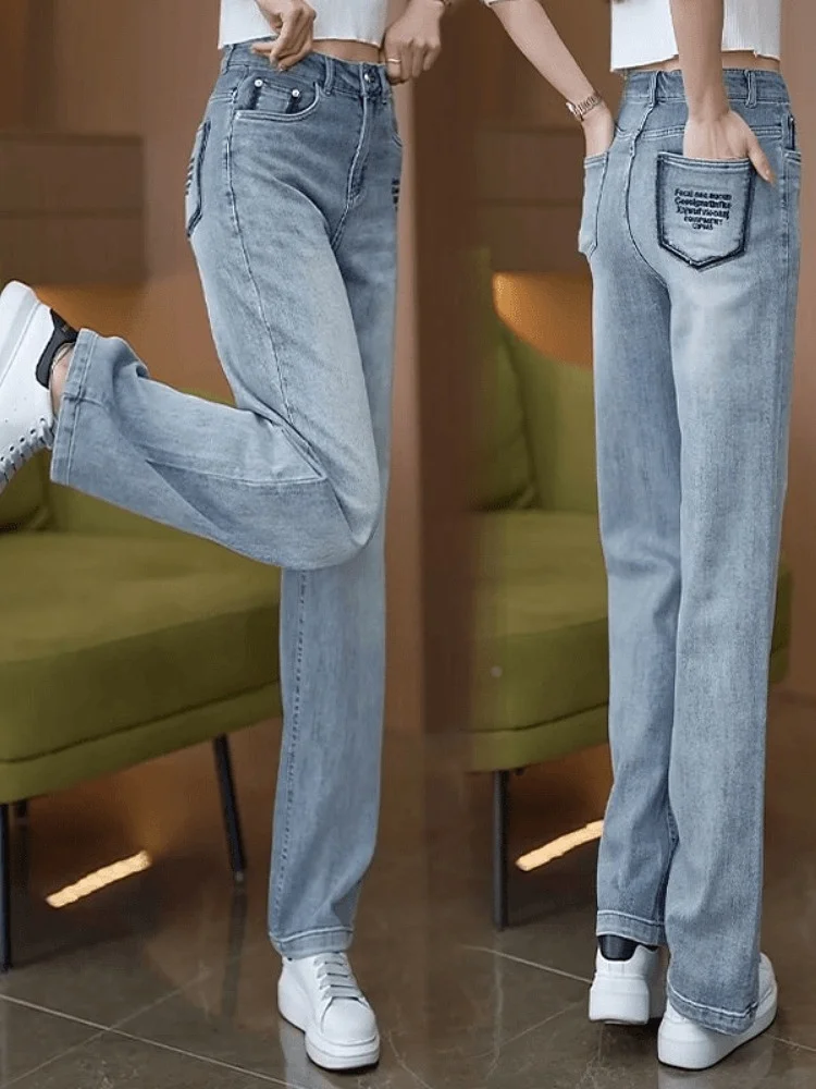 

Голубые широкие джинсы с высокой талией, новинка 2024, весна-лето, модные летние прямые брюки с высокой талией