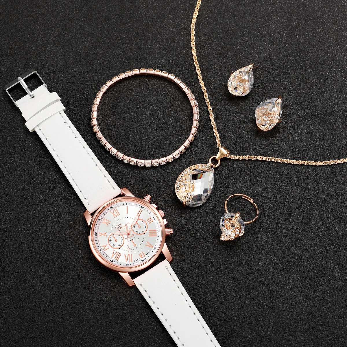 6PCS/Set Women's Watch Fashion Roma Dial Leather Band Quartz Watch Rhinestone Jewelry Set（Without Box）