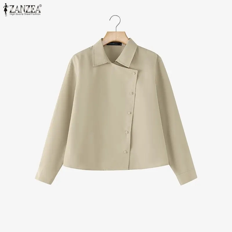 

Женские модные рубашки ZANZEA с длинным рукавом и пуговицами, элегантная офисная блузка для женщин, весенне-осенняя повседневная однотонная блузка с отложным воротником, оверсайз