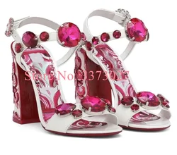 Fashion Crystal Chunky Heel Sandals Lady New Mixed Color Diamond Beach Sandals Sexy Woman Banquet Shoes Dropship