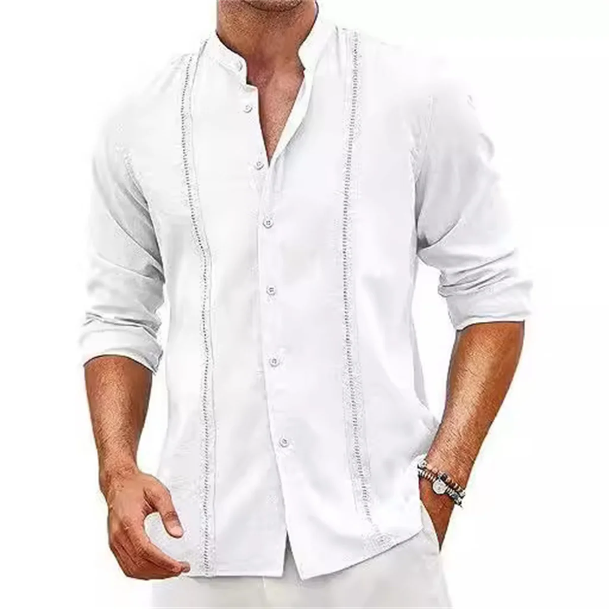 Spring and Autumn Men's Daily Street Leisure Cotton and Linen Mixed Open Lining Solid Color Stand Collar Long Sleeve Shirt