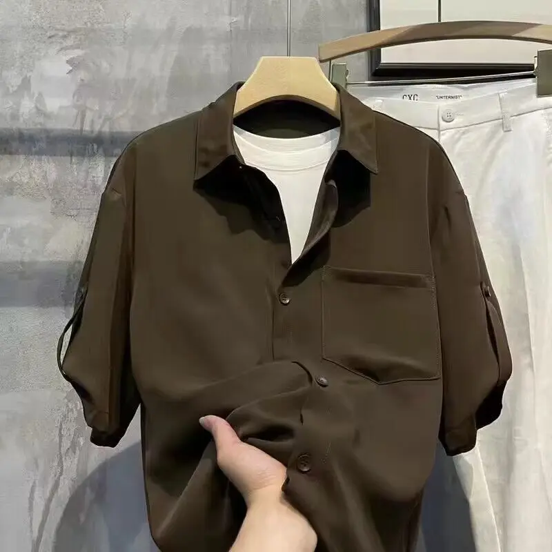 Ice Silk Shirt for Men's Summer Thin Loose Drooping Three-quarter Sleeve High-end Design Casual and Versatile