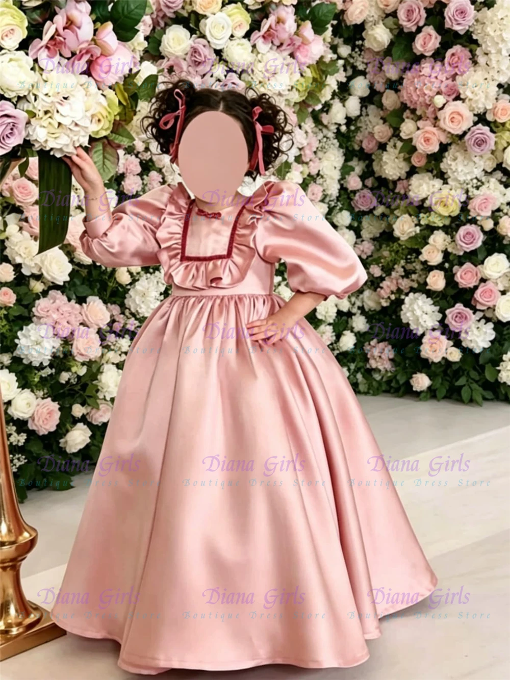 

Quality Elegant Flower Girl Dress Pink Satin Fluffy Big Bow Pleated Design For Kids Wedding Birthday Party Evening Ball Gowns