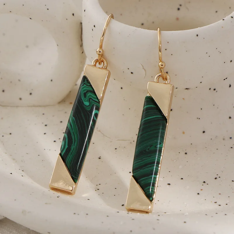 Gold Tone Plated Malachite Long Bar Dangle Earrings Natural Stone Rectangle Strip Drop Earrings for Women