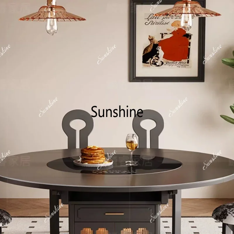 YMedieval style induction cooker electric vegetable warming turntable retractable black rock slab household round dining table