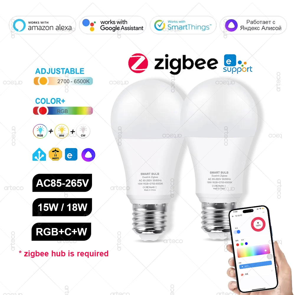 

Светодиодная лампа ZigBee E27 Умная светодиодная лампа RGBCW 15 Вт 18 Вт Светодиодная лампа работает с шлюзом Ewelink Zigbee Alexa Smartthings Alice Z2MQTT