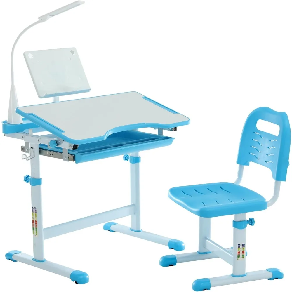 

Children's functional desk and chair set, ergonomically adjustable height for children's school learning desk, with LED lights