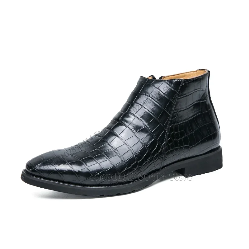 Black Brown Crocodile Print Square Toe Ankle Boots Fashion Side Zipper Men Boots Luxurious Handmade Party Office Men Dress Shoes - view 2