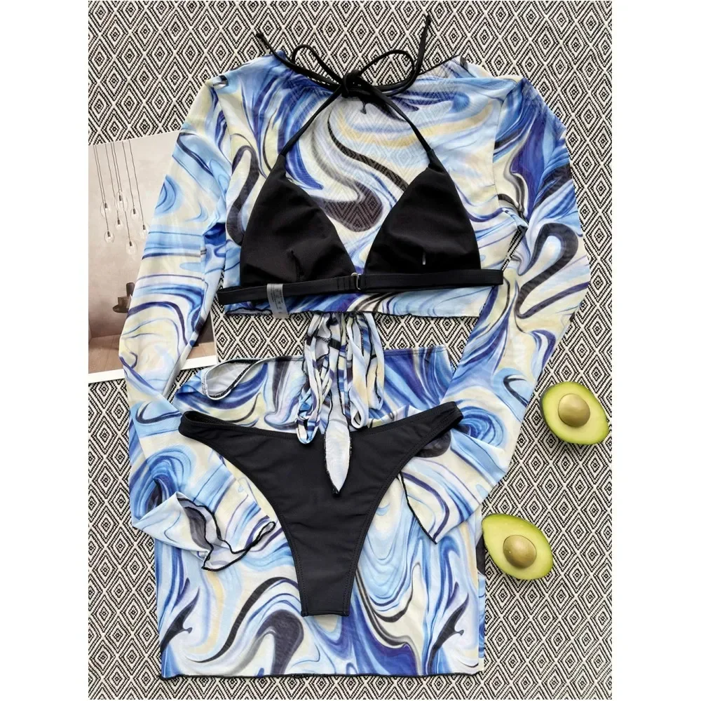 Long Sleeve Bandage Swimsuit Beach Cover-ups Micro String Push Up Bikini Skirt Swimwear Women 4 Piece Vacation Outfits Sexys Set