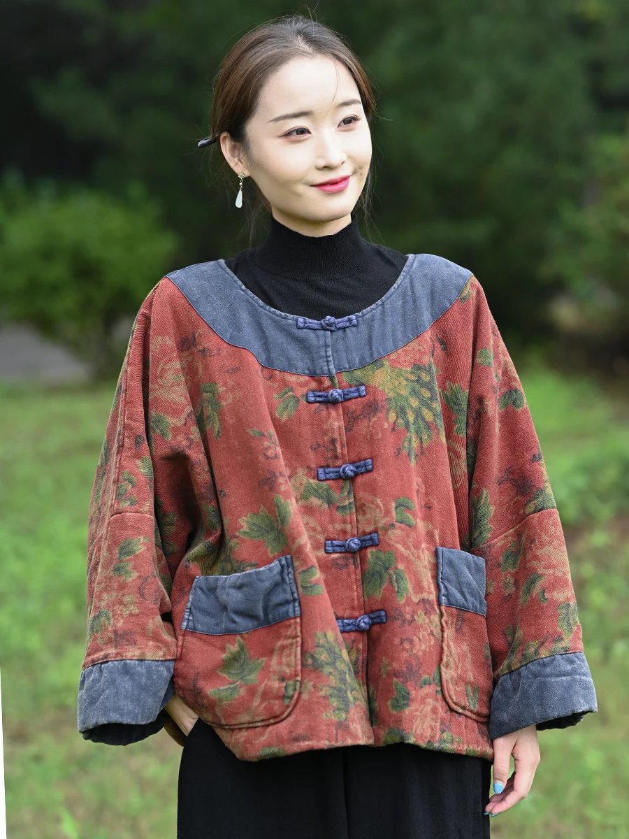 

100% хлопок, женские повседневные толстые куртки, новинка 2025 года, осень, винтажный стиль, свободные женские пальто с круглым вырезом и цветочным принтом, с рукавами «летучая мышь», M2060