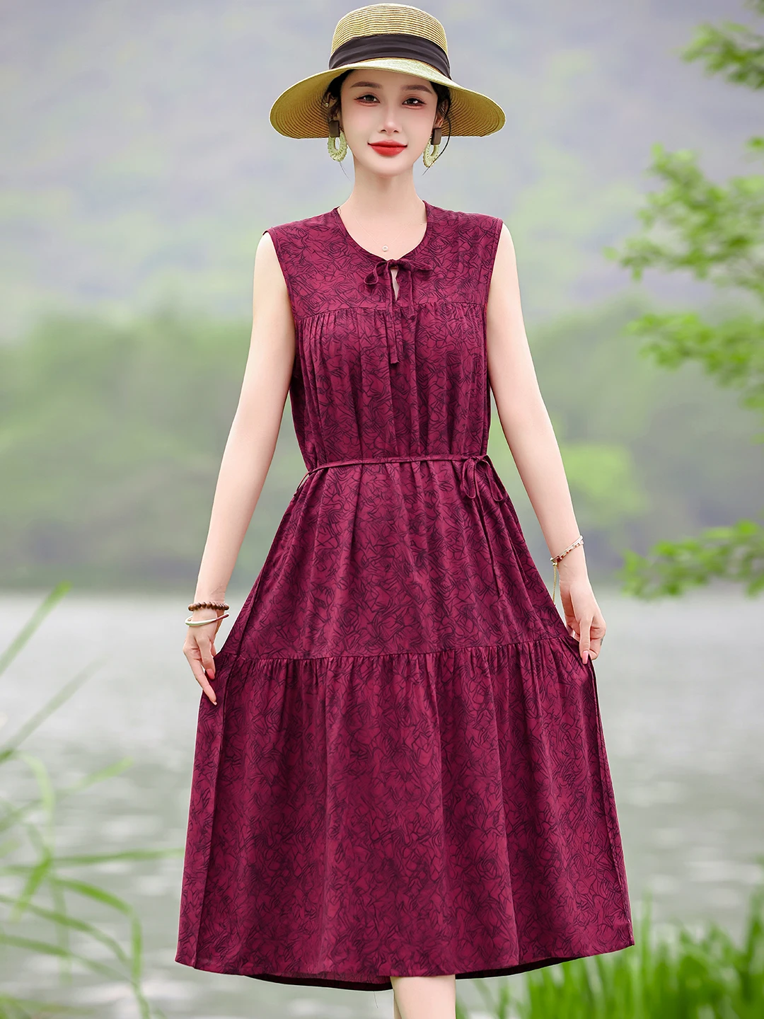 

Beach Vacation Style Waist-Cinching Cotton Silk Sleeveless Dress Women plus Size Slimming Beachy Strap Long Skirts