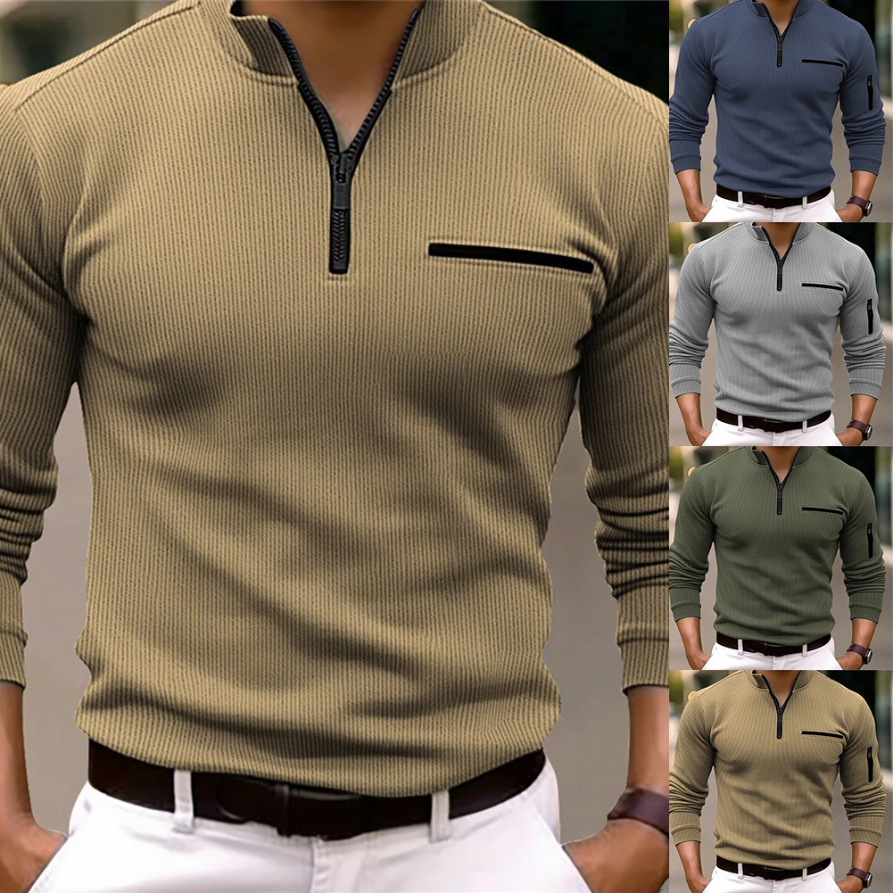 

Fitness Mens Stripe Sports Blouse Slim Fit Long Sleeve Chest 112 130 Cm Solid Color Stand Collar Neckline Brand New Condition