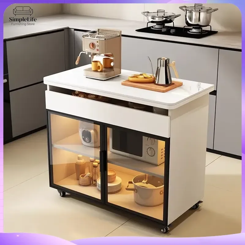 Multifunctional Kitchen Storage Cabinet Solid Wood Cutting Table with Drawers and Shelves Island Sideboard Pantry Organizer