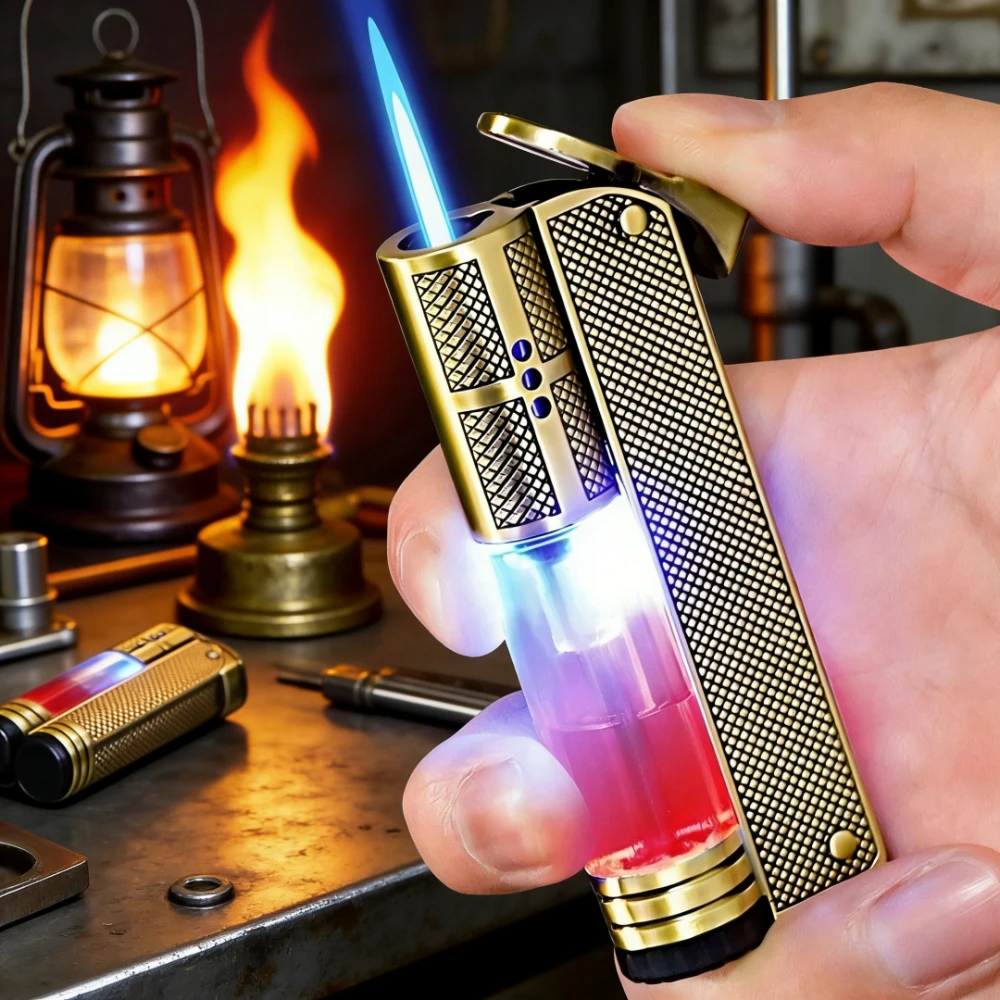 

Refillable Butane Gas Lighter with Transparent Gas Chamber & Light Shines Straight Charge Windproof Lighter Outdoor BBQ Survival