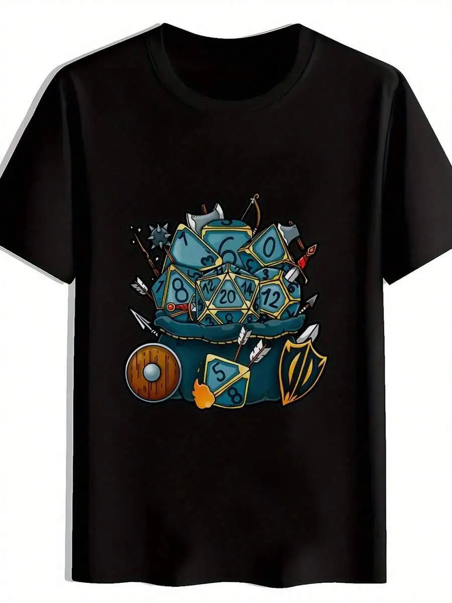 Men's Graphic T-Shirt - D&D Dice Bag Print With Swords & Shields Design, Black Fantasy Role-Playing Game Tee, Breathable 100%