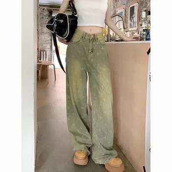 تصميم متقاطع على شكل زهرة، حرفية ثقيلة، جينز عتيق مغسول للجنسين، سروال مستقيم فضفاض متعدد الاستخدامات