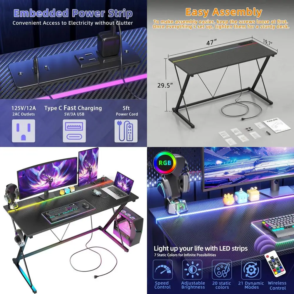 LED-Illuminated 47 Carbon Fiber Gaming Desk with Power Outlets and Headphone Hook