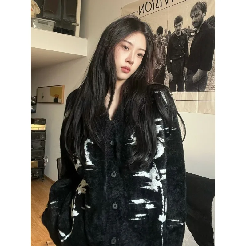 QWEEK Black Vintage Sweaters Women Oversized Knitted Cardigan Korean Style Jumper Y2k Streetwear Gothic Harajuku Sweater Winter