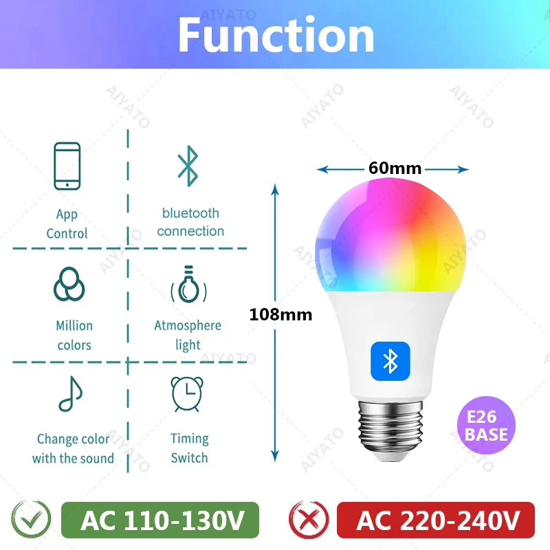 E26 AC110-130V Tuya Bluetooth LED Bulbs 9W Smart Life APP Control Dimmable RGBCW Color Change Bedroom Mexico, United States